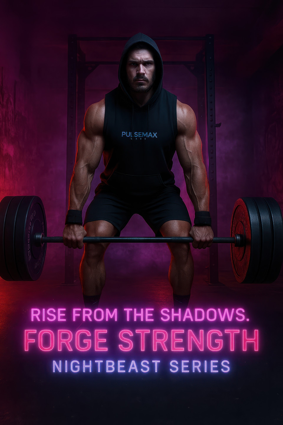 Male athlete in hoodie and straps lifts heavy barbell in neon lit underground gym with fog and concrete walls, strength and power theme, fitness products chat gpt prompts