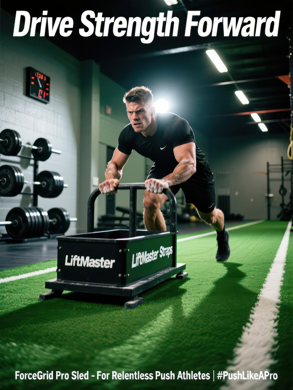 Strong man pushes weighted sled on turf in sports gym, body straining with explosive effort and grit, fitness products chat gpt prompts strength training power