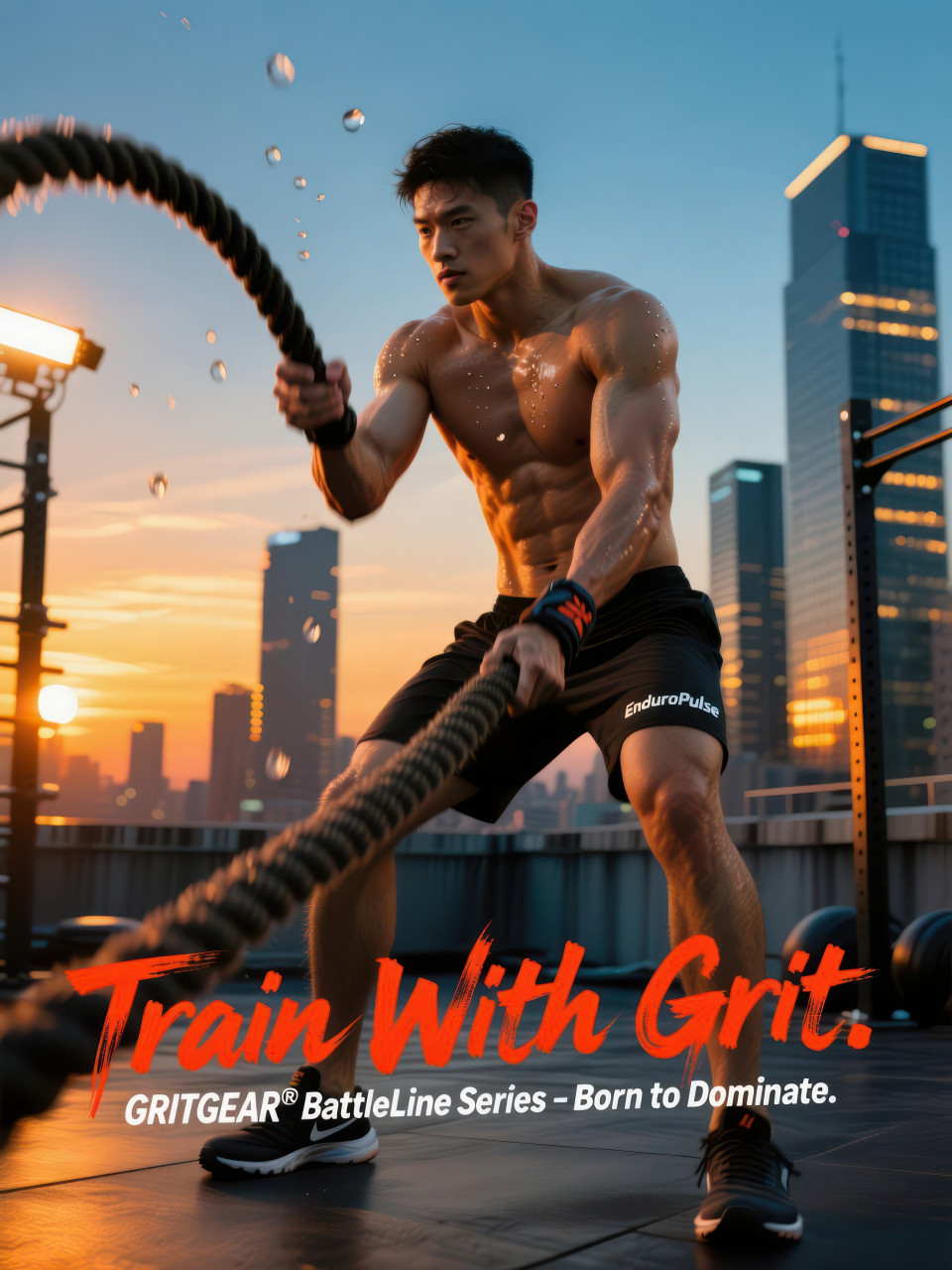 Shirtless man trains hard with battle ropes on rooftop gym at sunset, sweat flying in air, intense workout energy, fitness products chat gpt prompts
