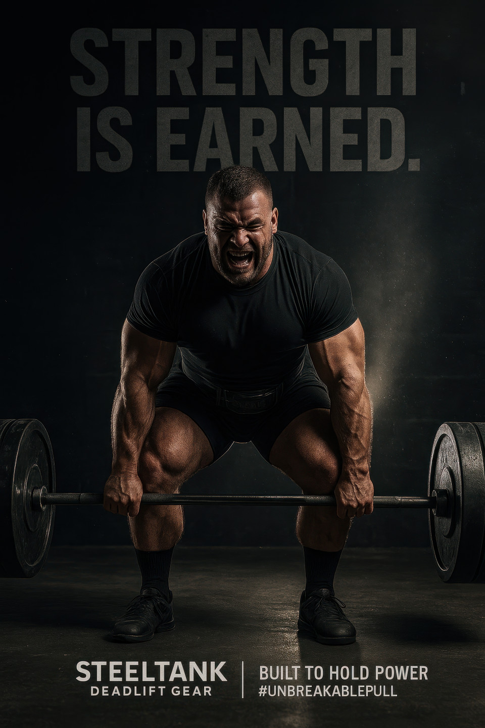 Strong male powerlifter finishes heavy deadlift, muscles tense in gritty gym with chalk dust and shadows, fitness products chat gpt prompts for strength gear