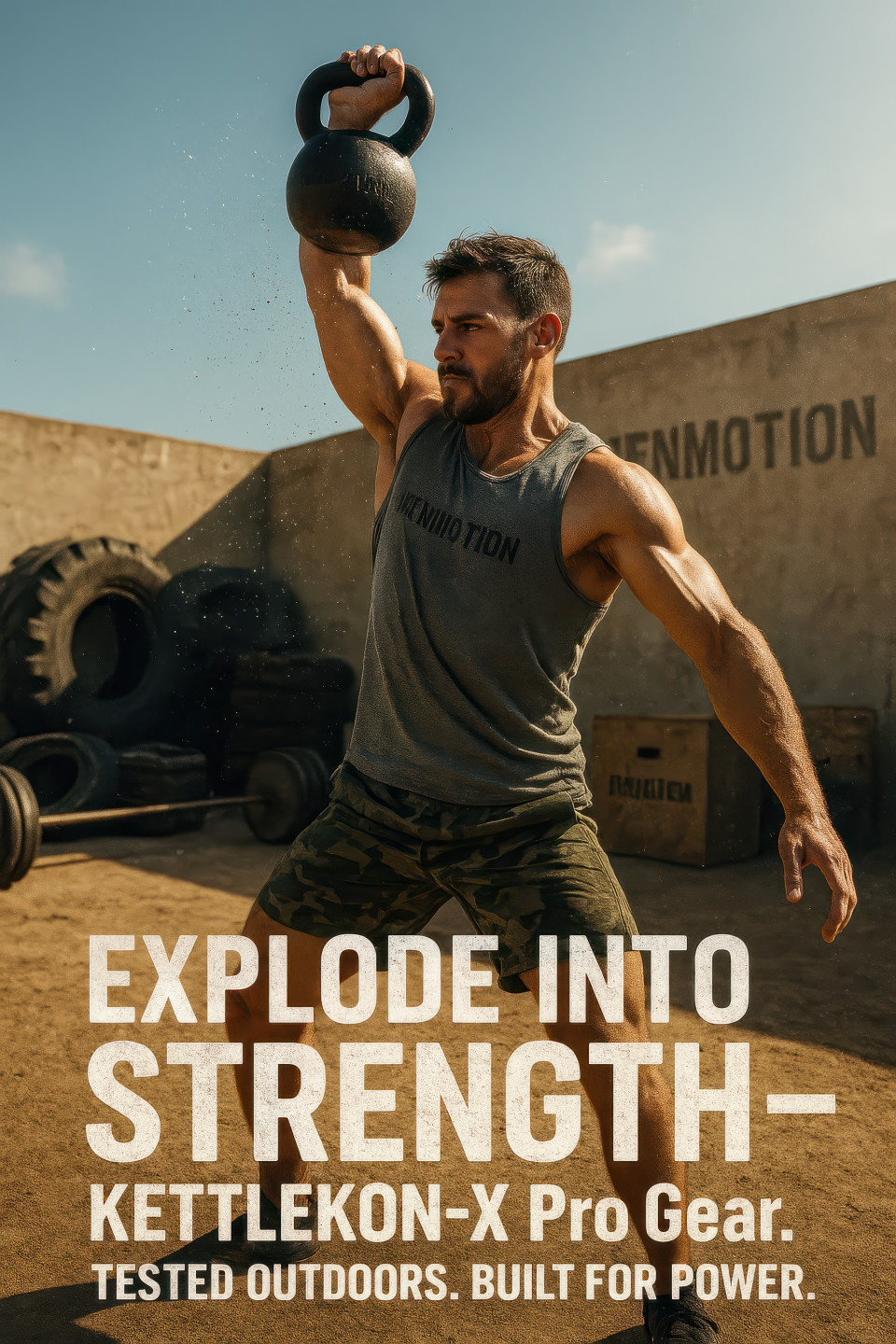 Male crossfit athlete in camo shorts and grey tank top lifts kettlebell overhead in rustic outdoor gym with stacked tires and wooden boxes, fitness products chat gpt prompts