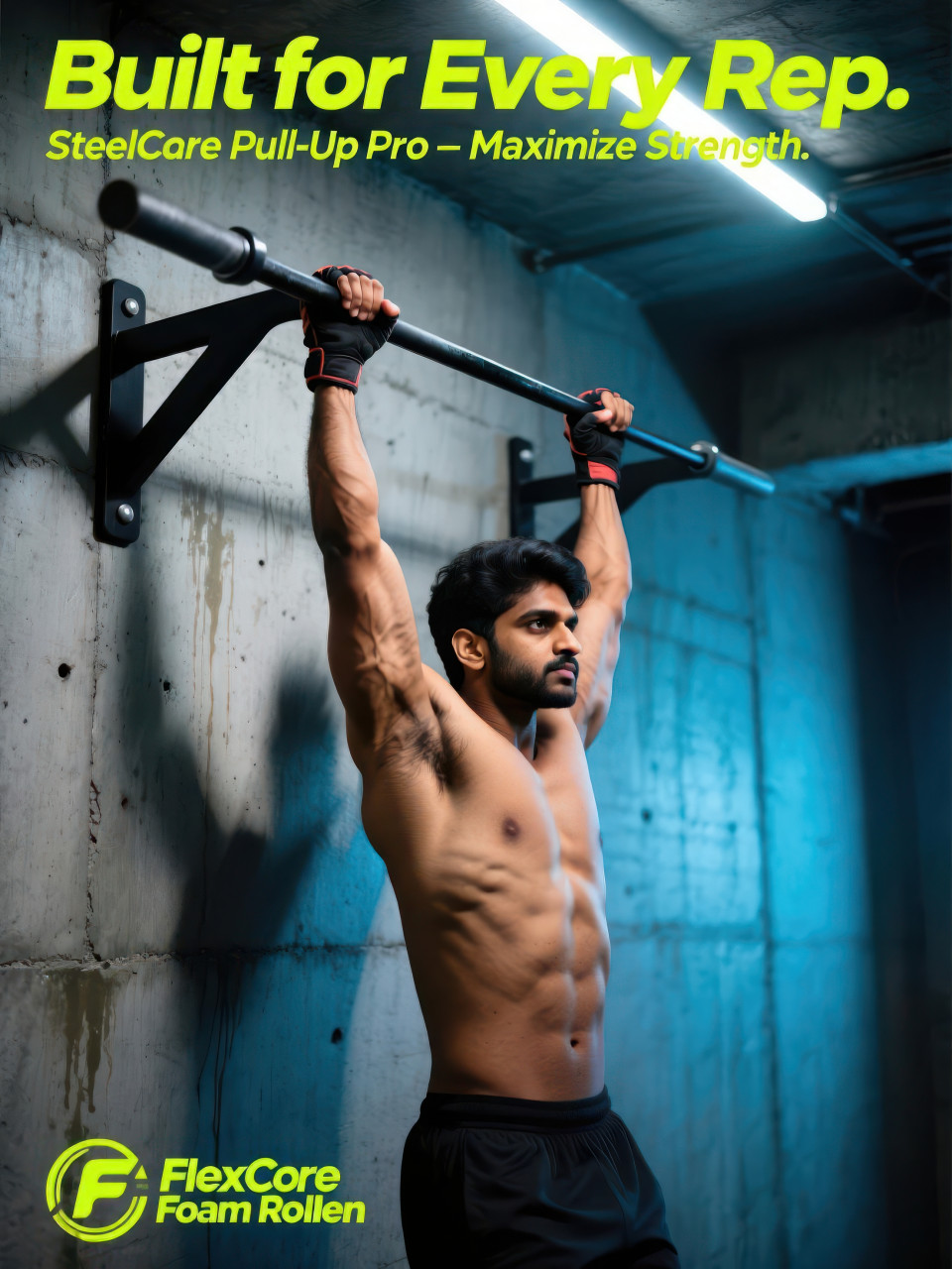 Muscular man performs pull ups on wall bar in industrial gym with spotlight highlighting strength, fitness products chat gpt prompts bodyweight strength workout
