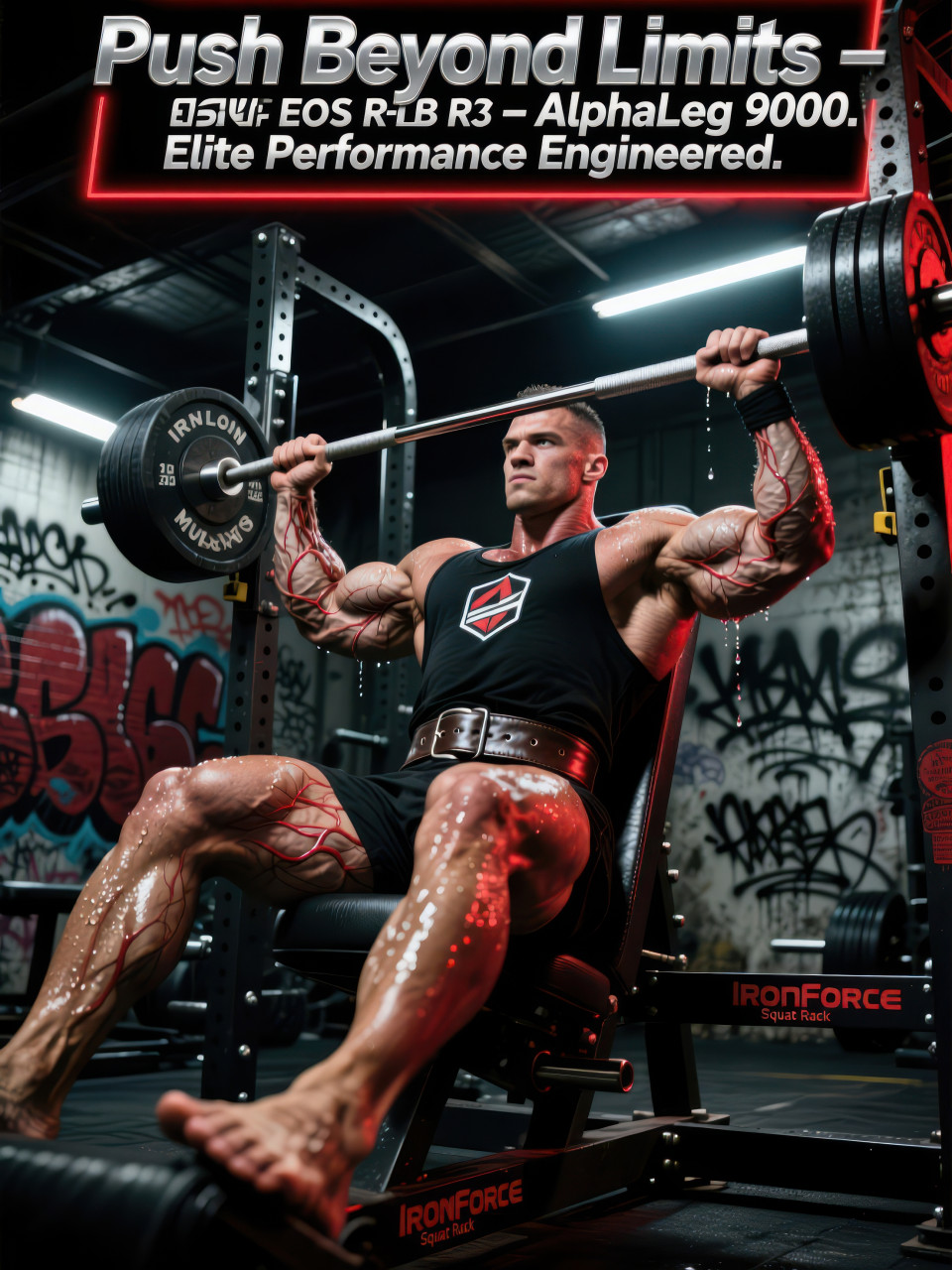 Strong man mid rep on heavy leg press in gritty gym, muscles straining under weight with dramatic lighting, hardcore workout, fitness products chat gpt prompts