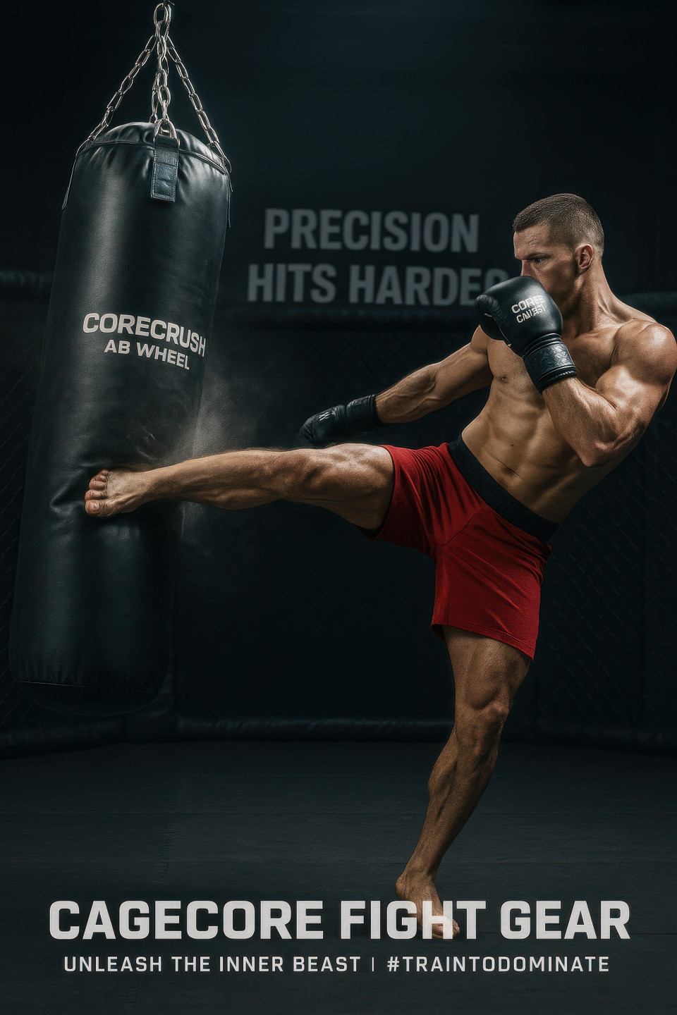 Fighter lands a strong high kick on heavy bag in mma cage with muscles flexed, dust flying, and intense action, fitness products chat gpt prompts training concept