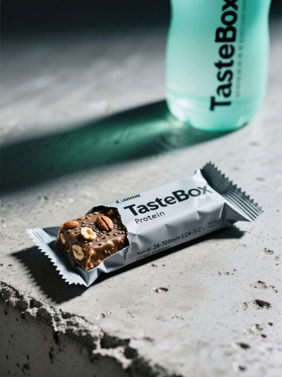 Protein bar wrapper partly open showing nuts and chia seeds on concrete with sporty cool gym light, clean modern energy, food packaging chat gpt prompts