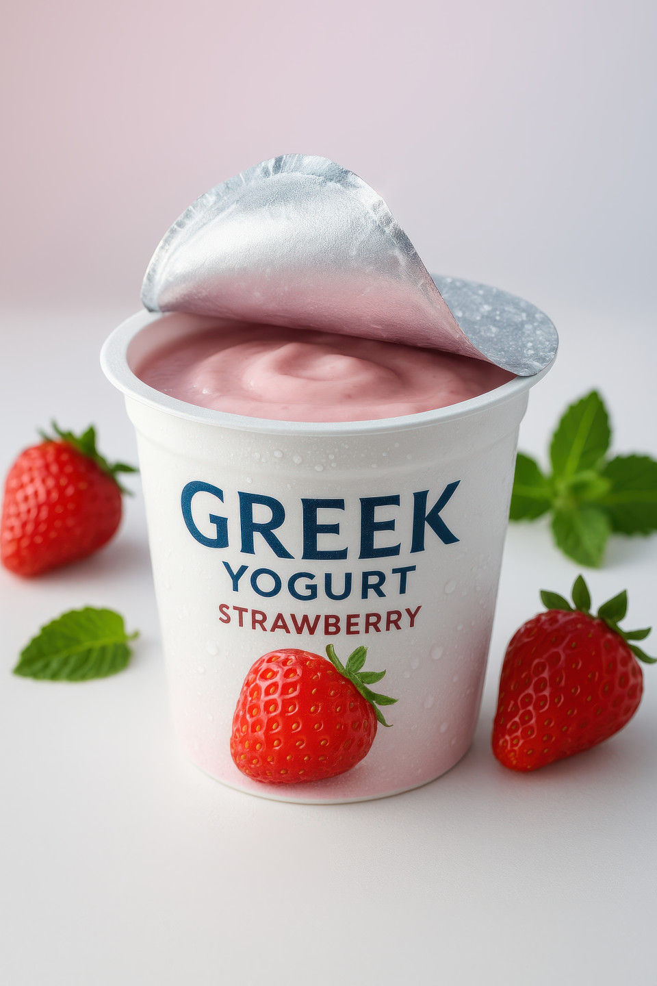 Greek style yogurt cup with peeled lid showing pink strawberry yogurt and mint leaves on clean pastel backdrop, food packaging chat gpt prompts