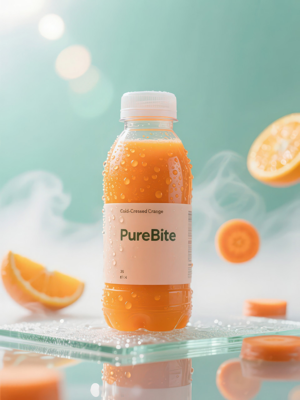 Cold pressed carrot orange juice bottle with condensation, glass platform, carrot slices and oranges in fresh clean light, food packaging chat gpt prompts