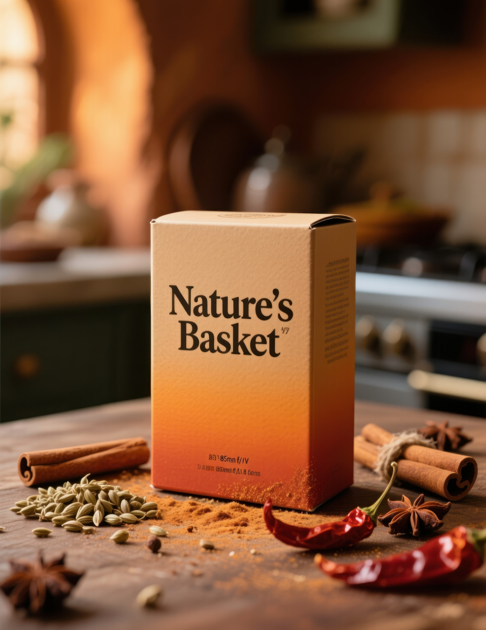Rectangular spice box with warm earthy tones surrounded by cinnamon, coriander, cloves and chili on rustic kitchen table, food packaging chat gpt prompts