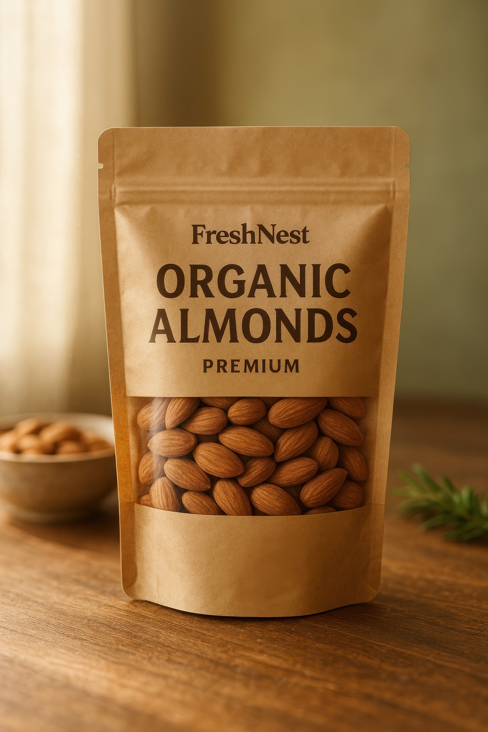 Stand up kraft pouch with matte finish and window showing roasted almonds on rustic wooden table in daylight kitchen, cozy premium feel, food packaging chat gpt prompts