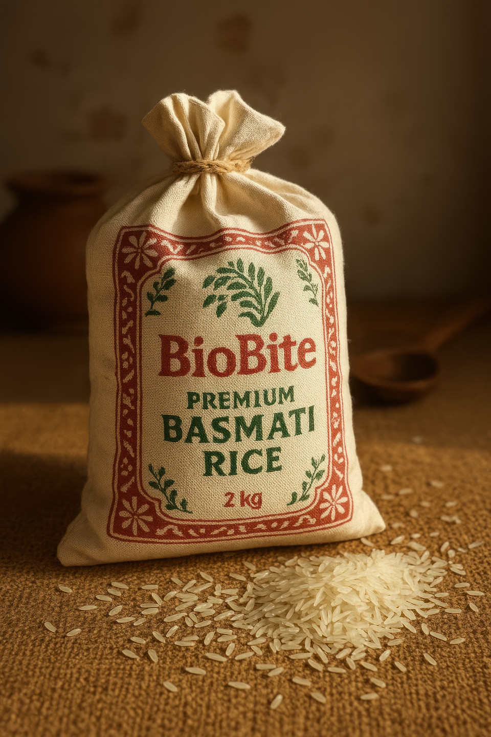 Cotton cloth rice bag with red green prints on jute mat with raw grains and rustic kitchen props in warm morning light, food packaging chat gpt prompts