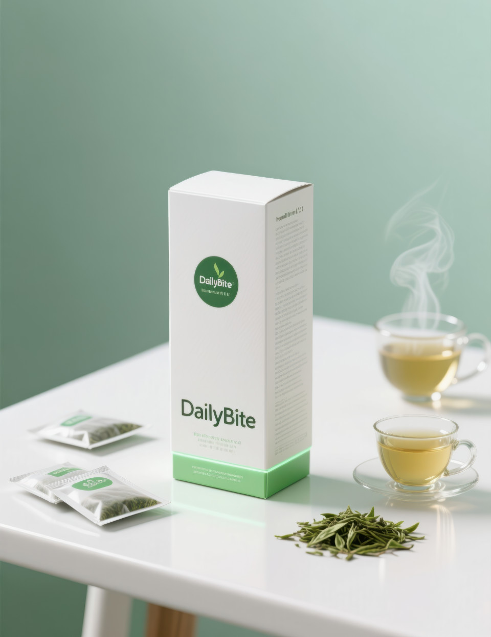 Upright green tea box with sachets, steaming teacup, and tea leaves on clean surface with mint gradient fresh detox vibe food packaging chat gpt prompts