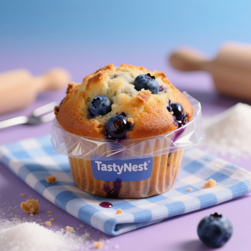 Blueberry muffin in transparent plastic pack on napkin with baking tools blurred behind, golden crumb and fresh texture food packaging chat gpt prompts