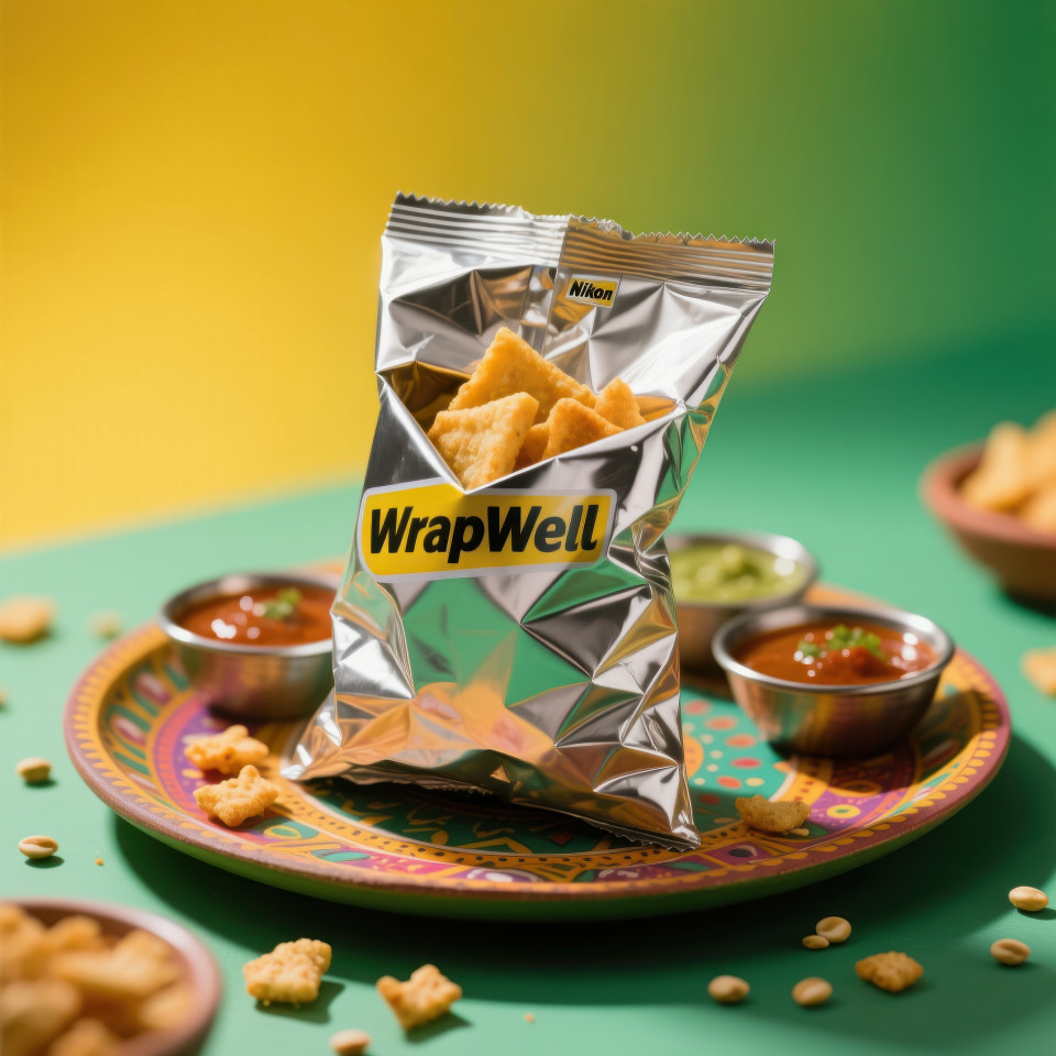 Crinkled pouch of crispy snack with spilled dal pieces on indian tray, chutney bowls blurred in background, street food vibe food packaging chat gpt prompts
