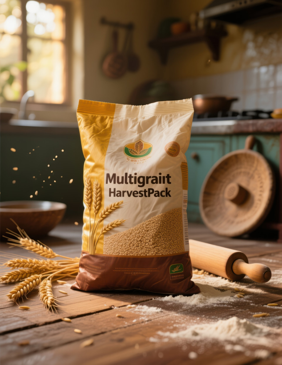 Multigrain flour bag on wooden floor with wheat ears, chakla belan, flour dust and warm homely kitchen light food packaging chat gpt prompts