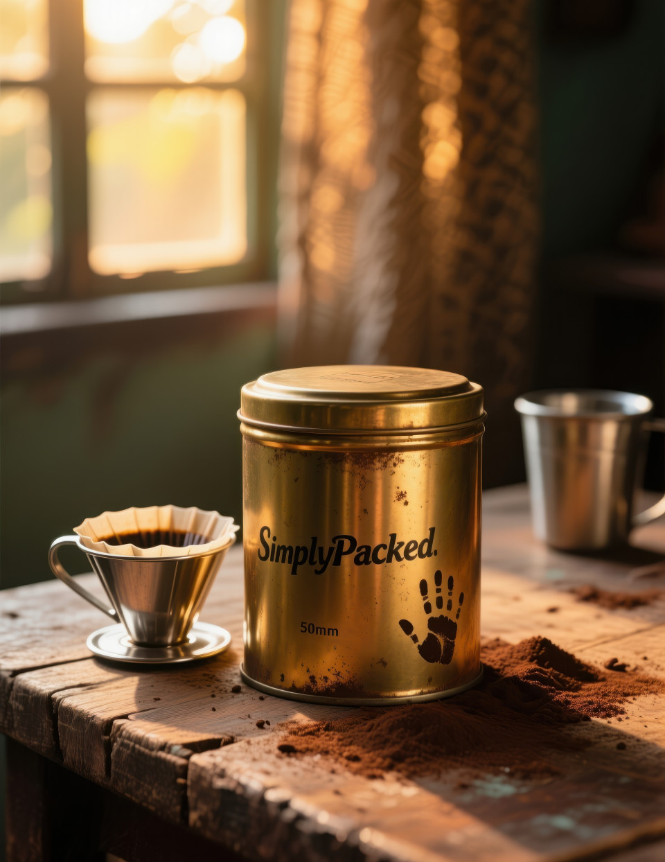 Classic brass filter coffee tin on wooden table with steel tumbler, coffee powder, and soft sunrise light, nostalgic cozy vibe food packaging chat gpt prompts