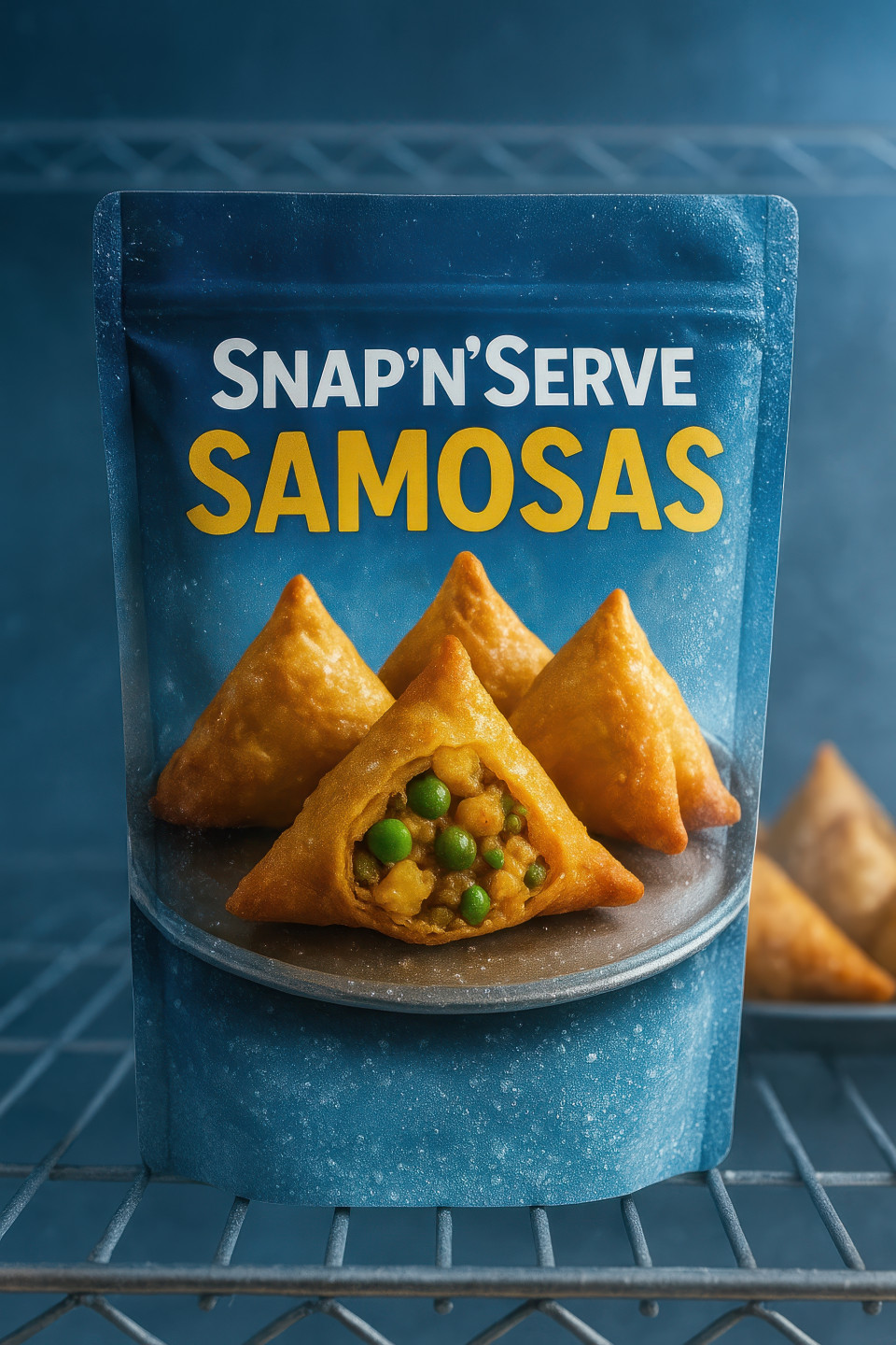 Glossy pouch of frozen samosas with frost crystals on metallic shelf, silver tray of samosas in background, crisp frozen snack food packaging chat gpt prompts