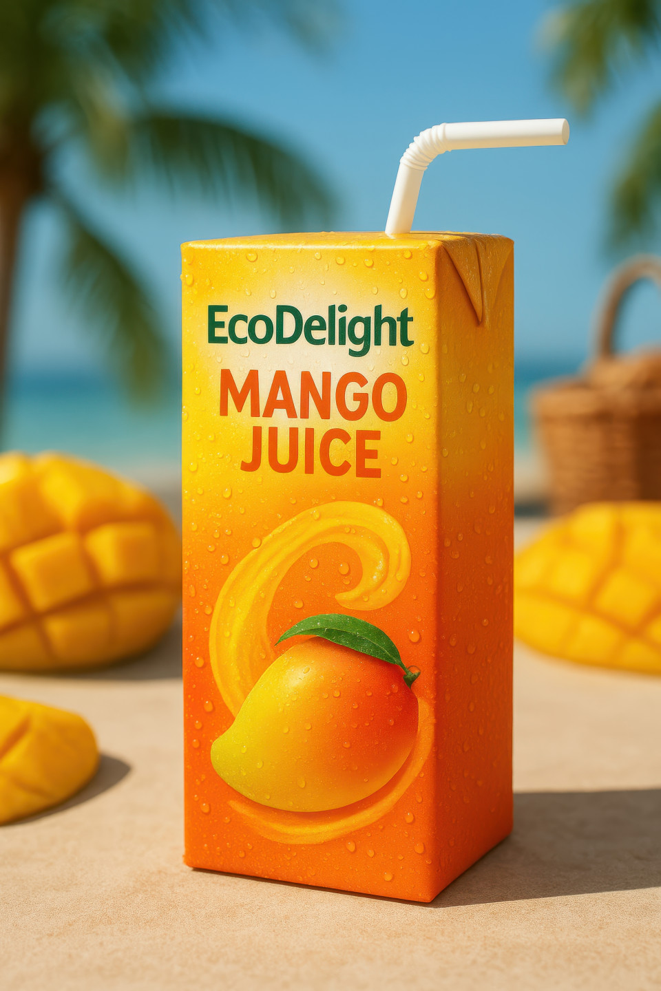 Tropical mango juice box with straw, ripe mango slices, beach vibe, sunlight reflections, refreshing summer drink food packaging chat gpt prompts