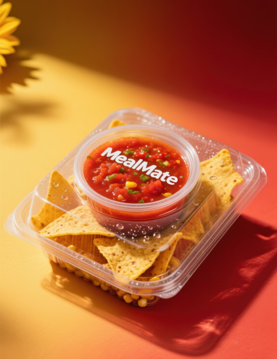 Transparent pack of nachos with salsa tub, condensation on film, bold snack colors of yellow and red, ready to enjoy food packaging chat gpt prompts