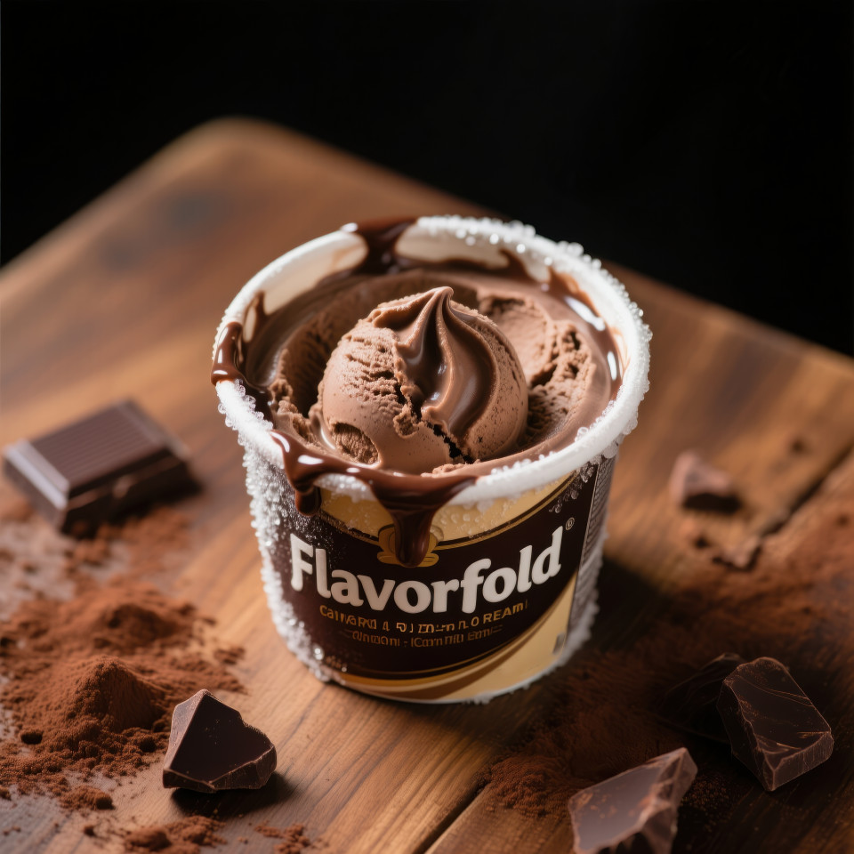 Open ice cream tub with rich fudge, cocoa powder, and chocolate chunks on wooden table, glossy texture, indulgent treat food packaging chat gpt prompts