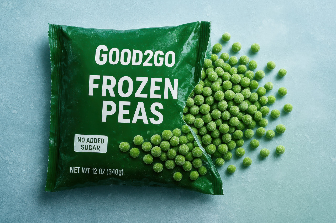 Frozen peas spilling from torn pack on icy surface with frost and mist, cool fresh frozen food style food packaging chat gpt prompts