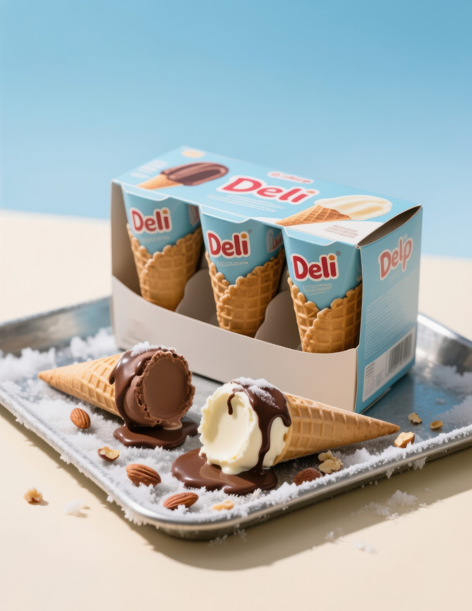 Box of six ice cream cones on chilled tray with melting cone, chocolate drip, crushed nuts, frost, cool fresh summery treat vibe food packaging chat gpt prompts