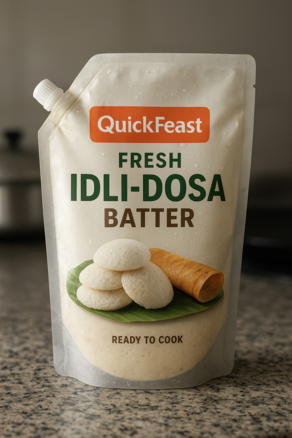Front view of spouted batter pouch on granite slab, kitchen light, idli steamer blur, condensation, homely authentic ready to cook vibe food packaging chat gpt prompts