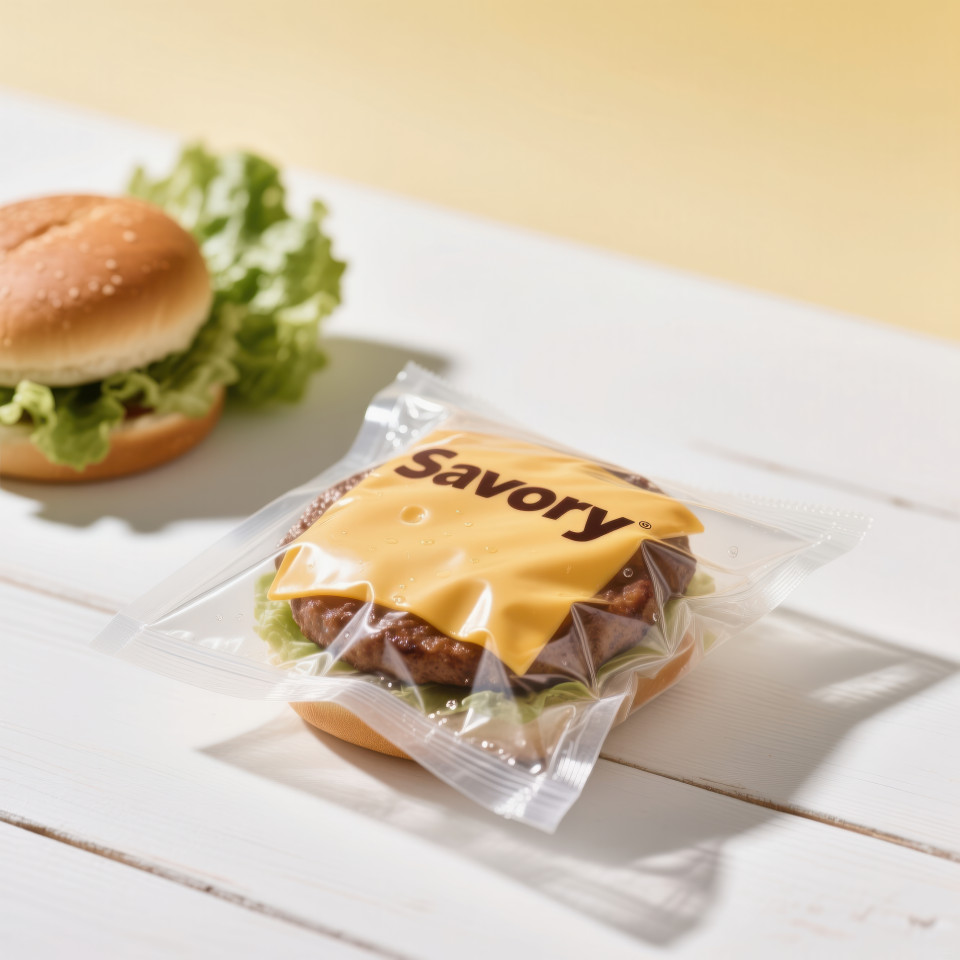 Top view transparent vacuum pack with glossy cheese, crinkled edges, condensation, burger buns blur, clean fresh commercial vibe food packaging chat gpt prompts