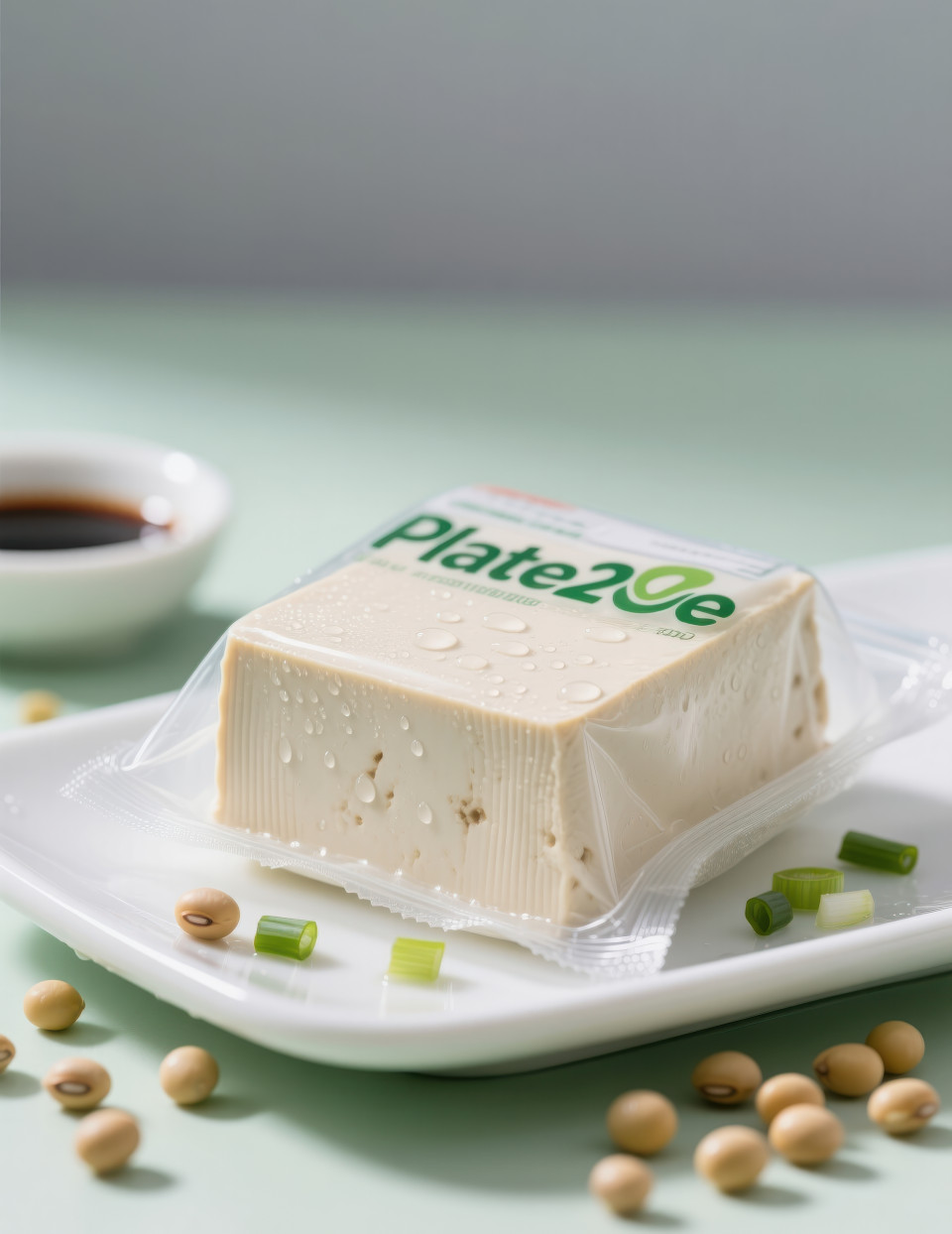 Straight view organic tofu in clear pack on plate, soybeans and sauce blur, fresh texture lines, condensation film, vegan clean fridge fresh vibe food packaging chat gpt prompts