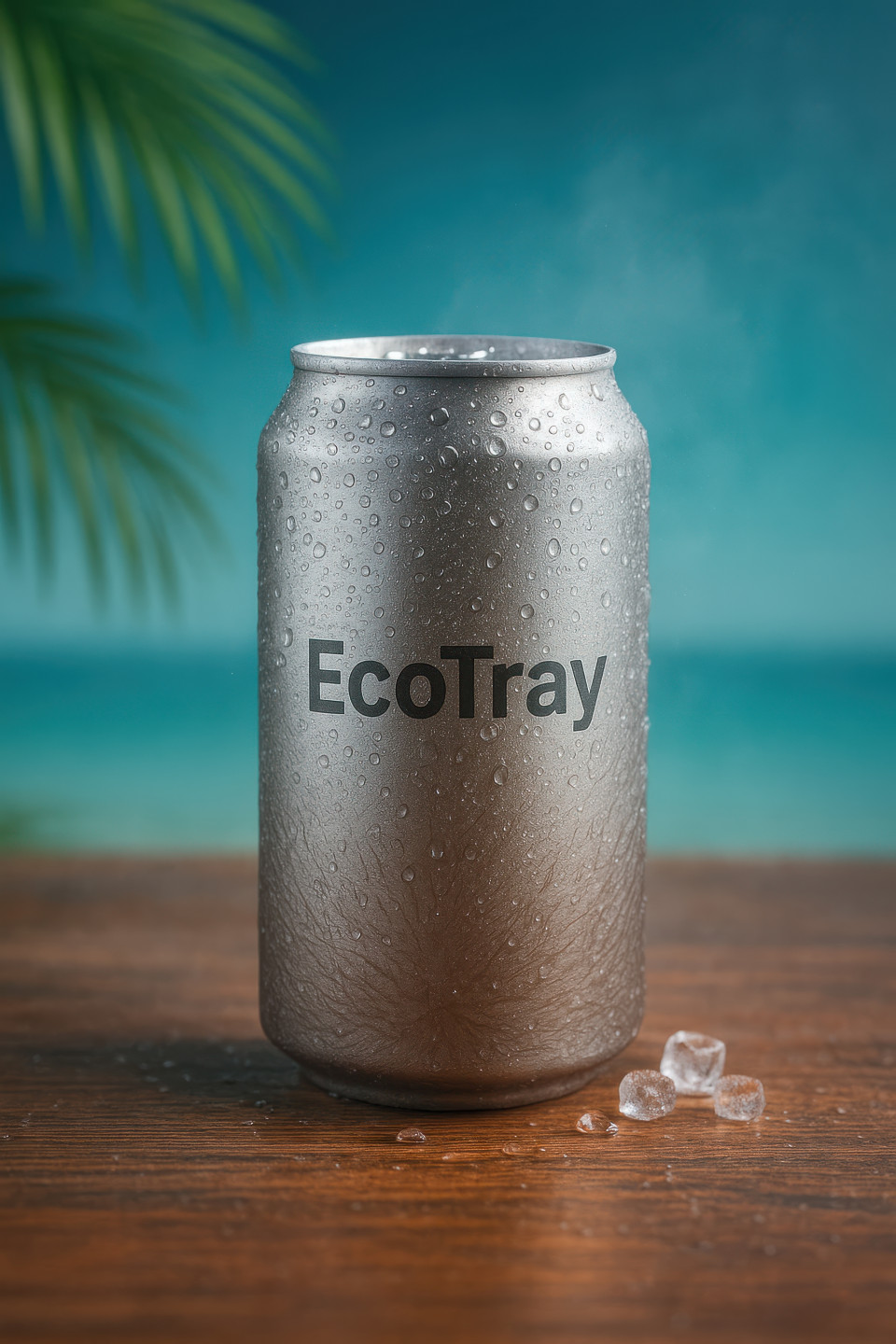 Sleek chilled aluminum drink can with condensation, water droplets, ice cubes, coconut texture, palm leaves blur, tropical refreshing mood food packaging chat gpt prompts