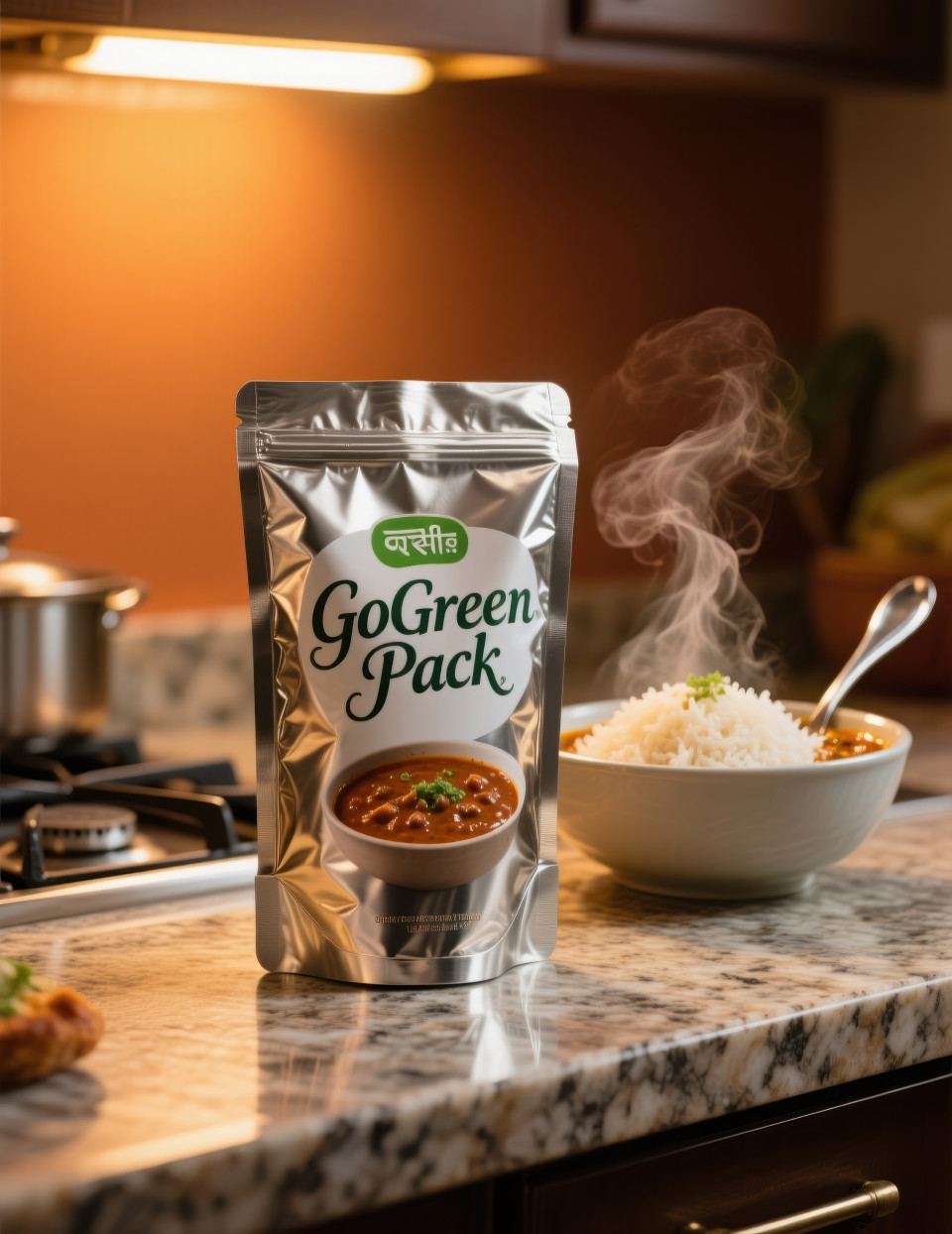 Standing metallic food pouch on granite counter with rajma steam, rice blur, foil texture, warm kitchen light, hearty flavorful homely vibe food packaging chat gpt prompts