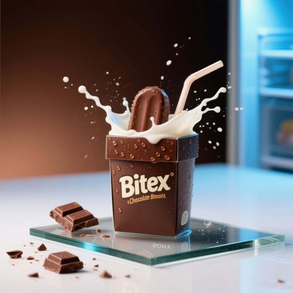 Straight on chilled chocolate pack with condensation, milk splash, broken bar, glass surface reflection, cool indulgent chocolaty fun vibe food packaging chat gpt prompts