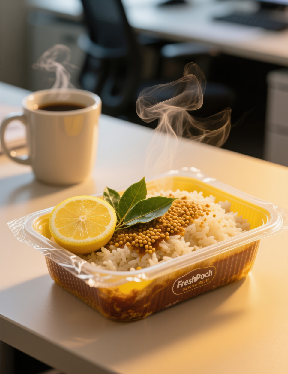Warm microwavable tray with rice, lemon wedge, curry leaves, mustard seeds, steam rising, office desk blur, comforting fast meal vibe food packaging chat gpt prompts