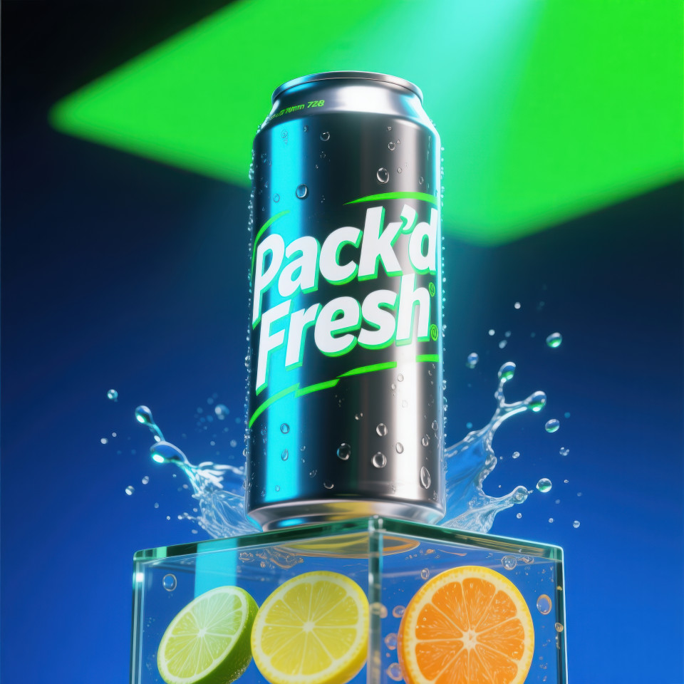 Dramatic low angle slim energy drink can with citrus slices reflection, splash effect, condensation, neon gradient, edgy electric energized vibe food packaging chat gpt prompts