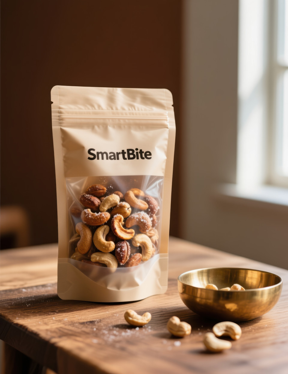 Upright pouch of roasted salted cashews on wooden table with brass bowl of nuts, earthy snack with soft shadows, food packaging chat gpt prompts
