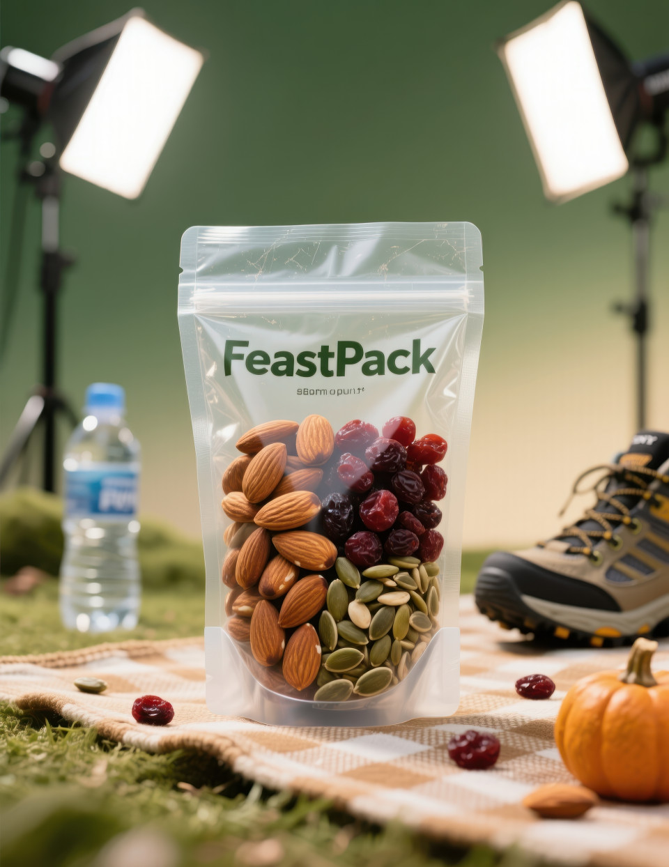Transparent pouch of almonds raisins cranberries and pumpkin seeds on picnic mat with outdoor feel, healthy snack mix, food packaging chat gpt prompts