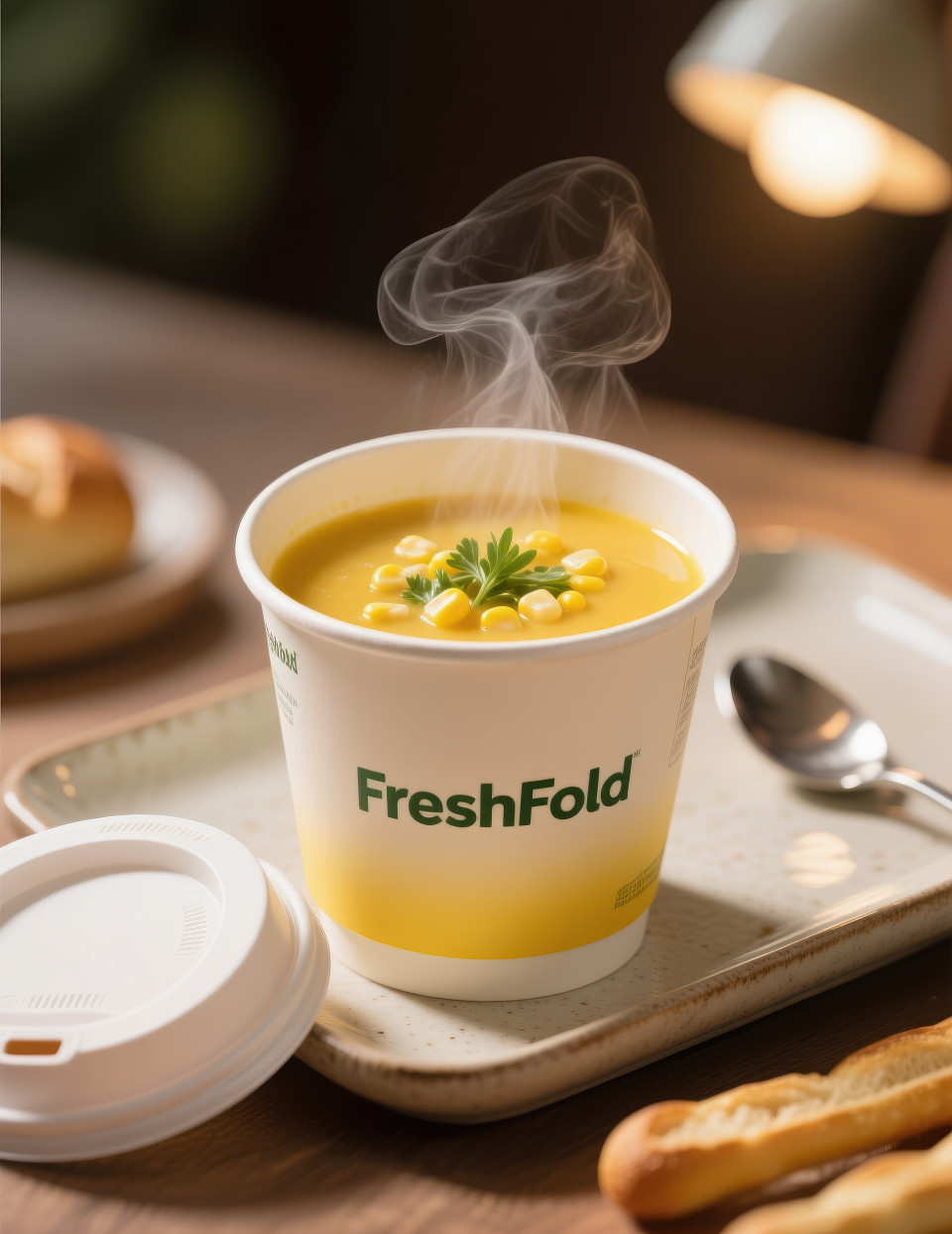 Cup packaging of hot yellow soup with corn and herbs on ceramic tray with spoon and breadsticks behind, cozy quick meal, food packaging chat gpt prompts