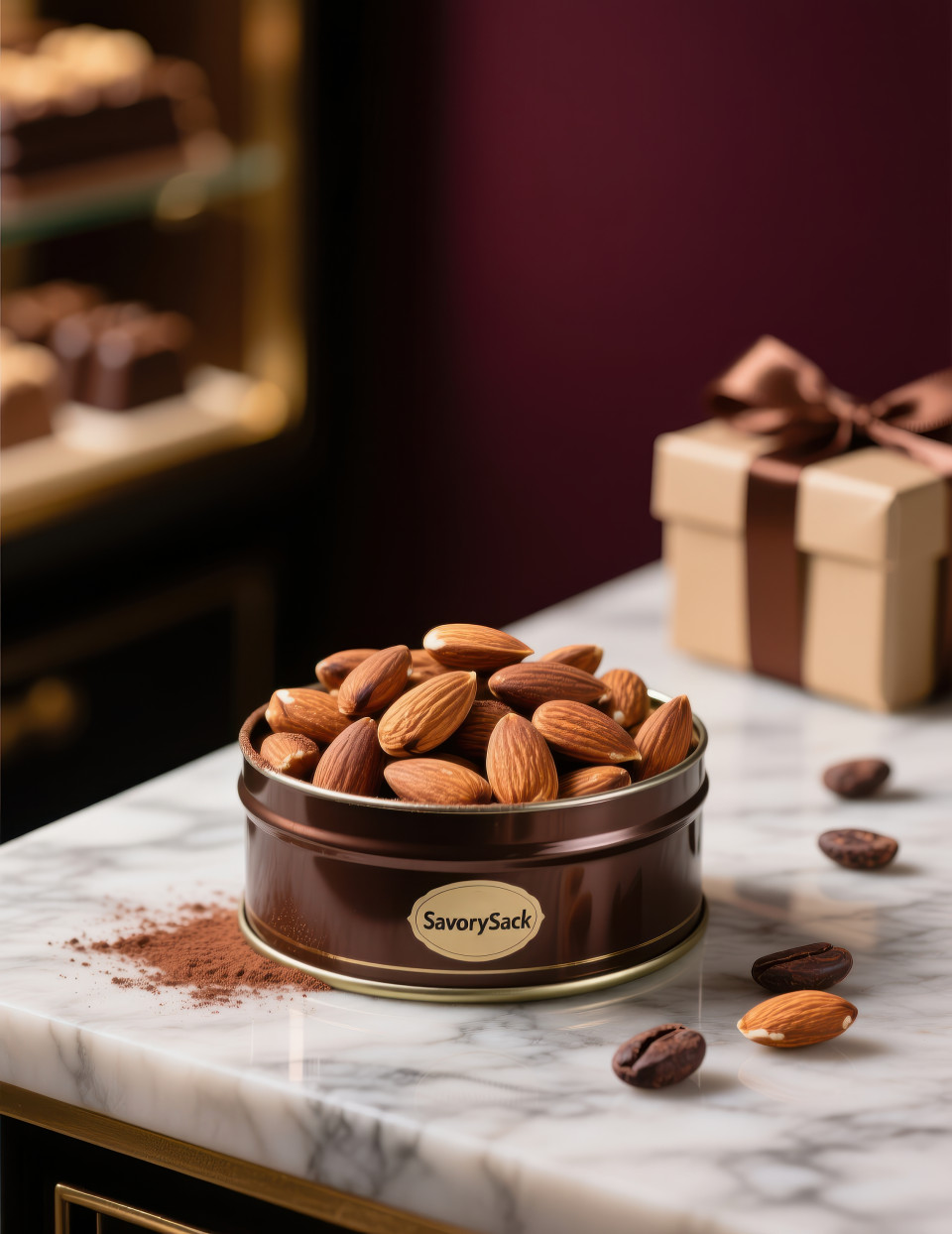 Tin box of almonds on marble counter with cocoa beans and ribboned gift box blurred behind, premium indulgent snack, food packaging chat gpt prompts