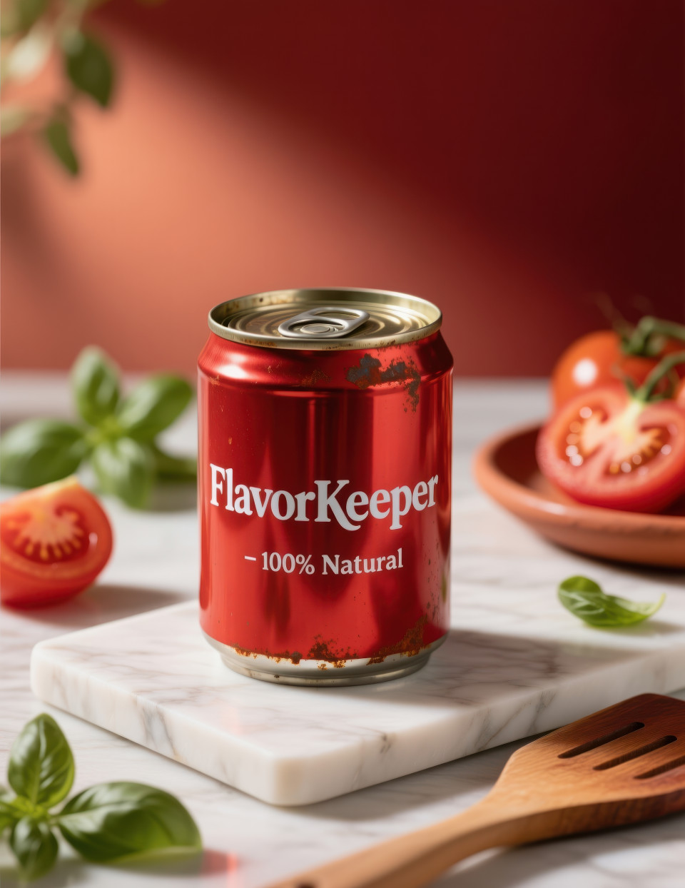 Red metal can on marble slab with tomato slices and basil leaves, rustic kitchen style with shiny details, food packaging chat gpt prompts