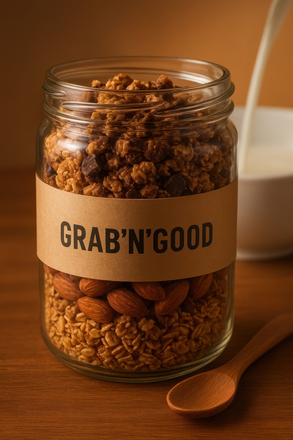 Clear jar of layered granola oats and nuts on breakfast table with milk pouring in bowl behind, wholesome morning energy, food packaging chat gpt prompts