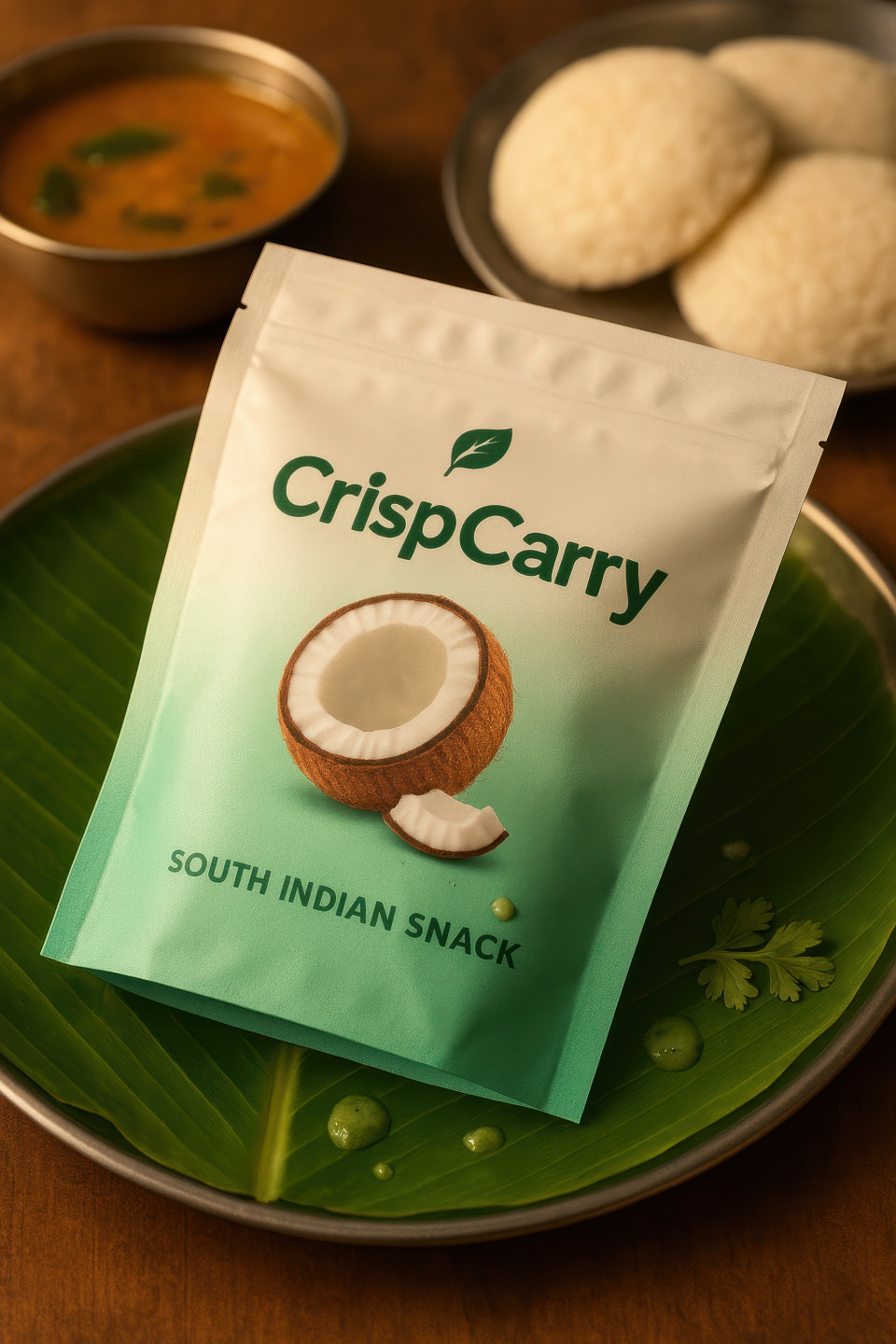 Soft pouch on banana leaf lined steel plate with idli sambhar and chutney drops, fresh south indian kitchen vibe, food packaging chat gpt prompts