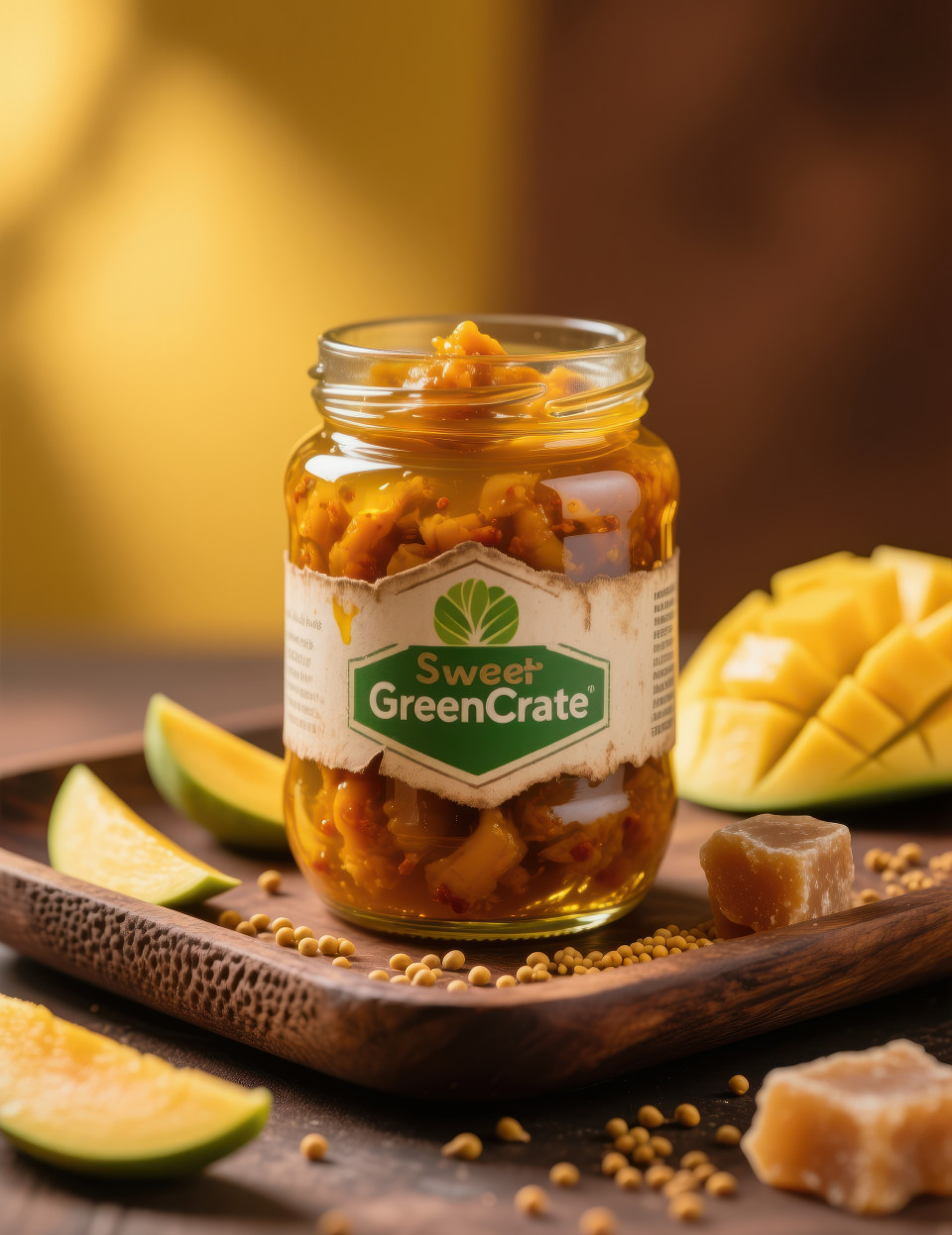 Mango pickle jar on wooden tray with mango slices mustard seeds and jaggery, glossy homemade traditional flavor, food packaging chat gpt prompts