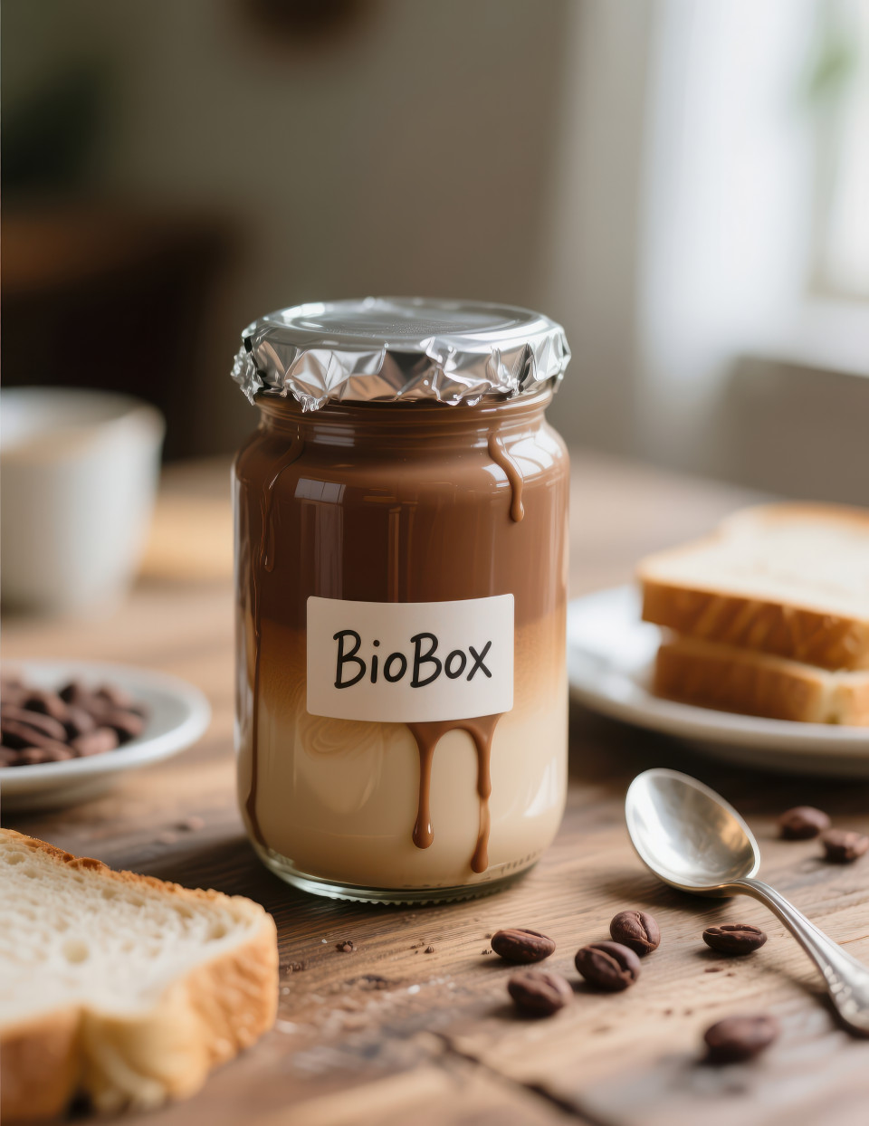 Glass jar on wooden table with bread spoon and cocoa beans nearby swirl inside jar and cocoa drips create rich comforting feel, family morning food packaging chat gpt prompts