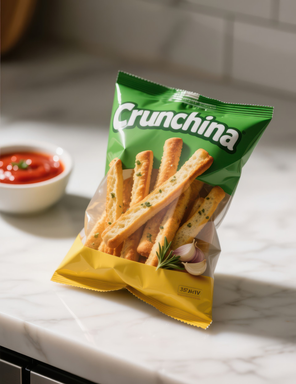 Side pouch of crunchy breadsticks on marble surface with dipping bowl of marinara sauce blurred behind garlic herb flecks visible, aromatic snack food packaging chat gpt prompts