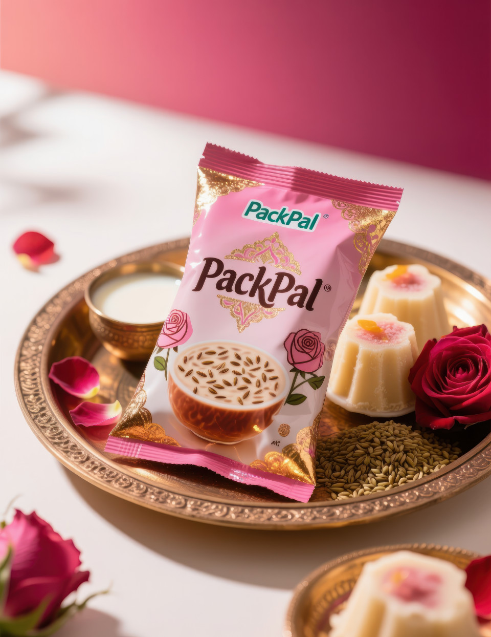 Sachet of falooda mix on thali setup with milk soaked seeds rose petals and kulfi in background shiny foil festive dessert, traditional food packaging chat gpt prompts