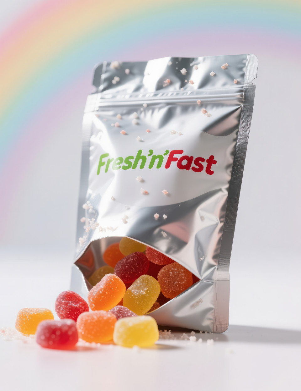 Upright pouch with colorful gummies spilling in front glossy texture with sugar granules on soft plastic rainbow tones, cheerful health food packaging chat gpt prompts