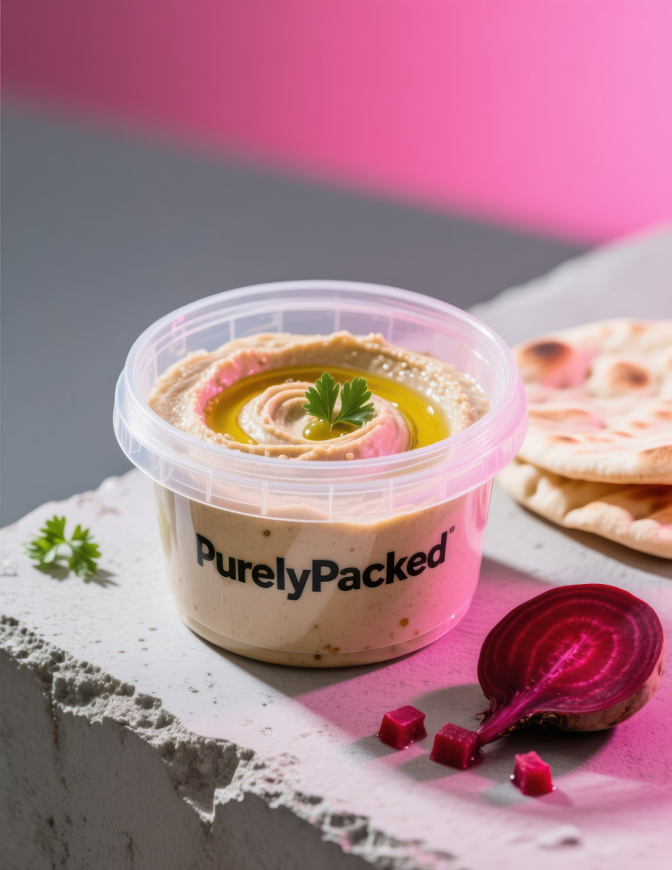 Plastic tub of hummus on concrete surface with pita bread and beetroot nearby creamy swirls with oil and parsley garnish, vibrant health food packaging chat gpt prompts