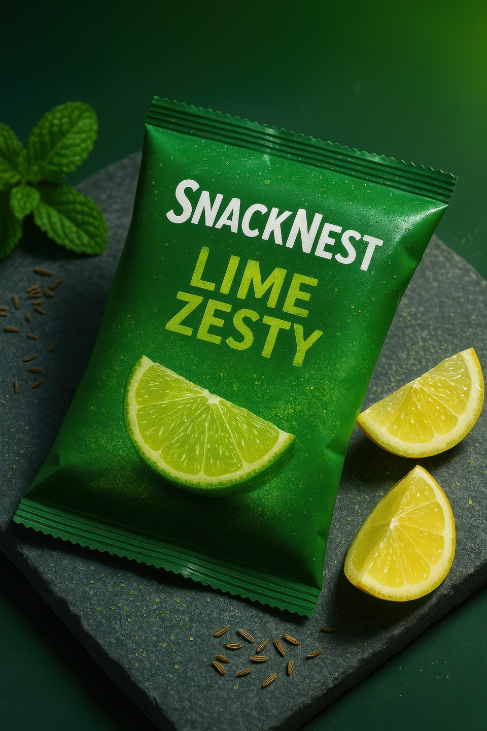 Sachet pack on stone slab with mint leaves cumin seeds lemon slices blurred around sprinkled powder and fresh lime, tangy zesty food packaging chat gpt prompts