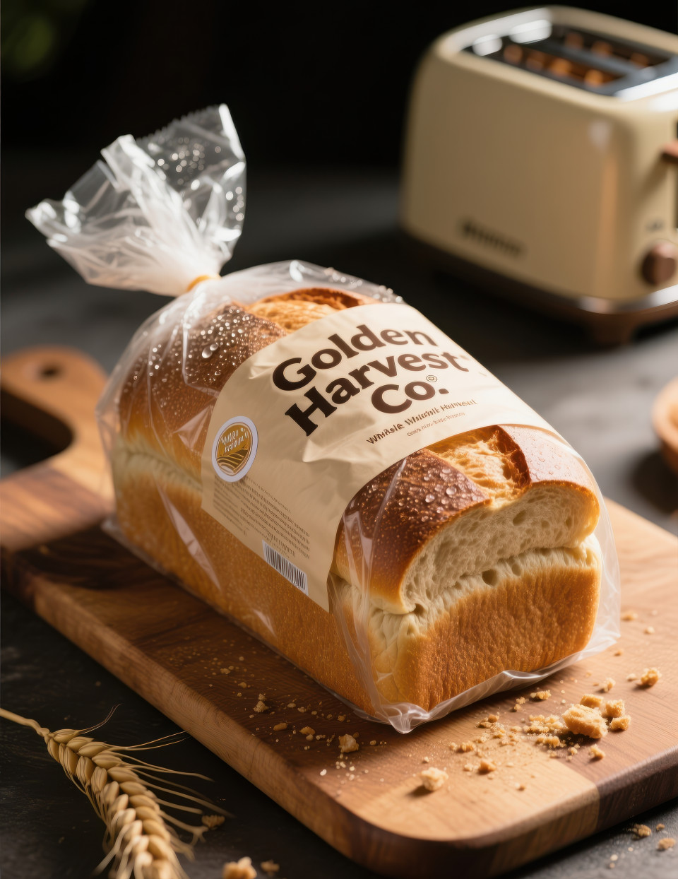 Wrapped whole wheat bread loaf on rustic board with toaster blurred condensation inside wrap and grain texture on crust, healthy everyday food packaging chat gpt prompts