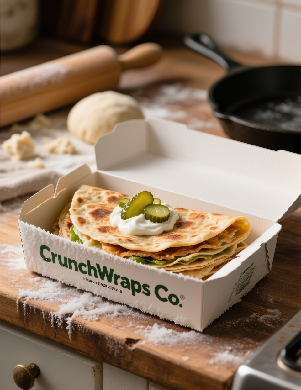 Frozen paratha box on kitchen counter with cooked paratha served with pickle and yogurt dough and pan blurred behind, ready to cook homely food packaging chat gpt prompts
