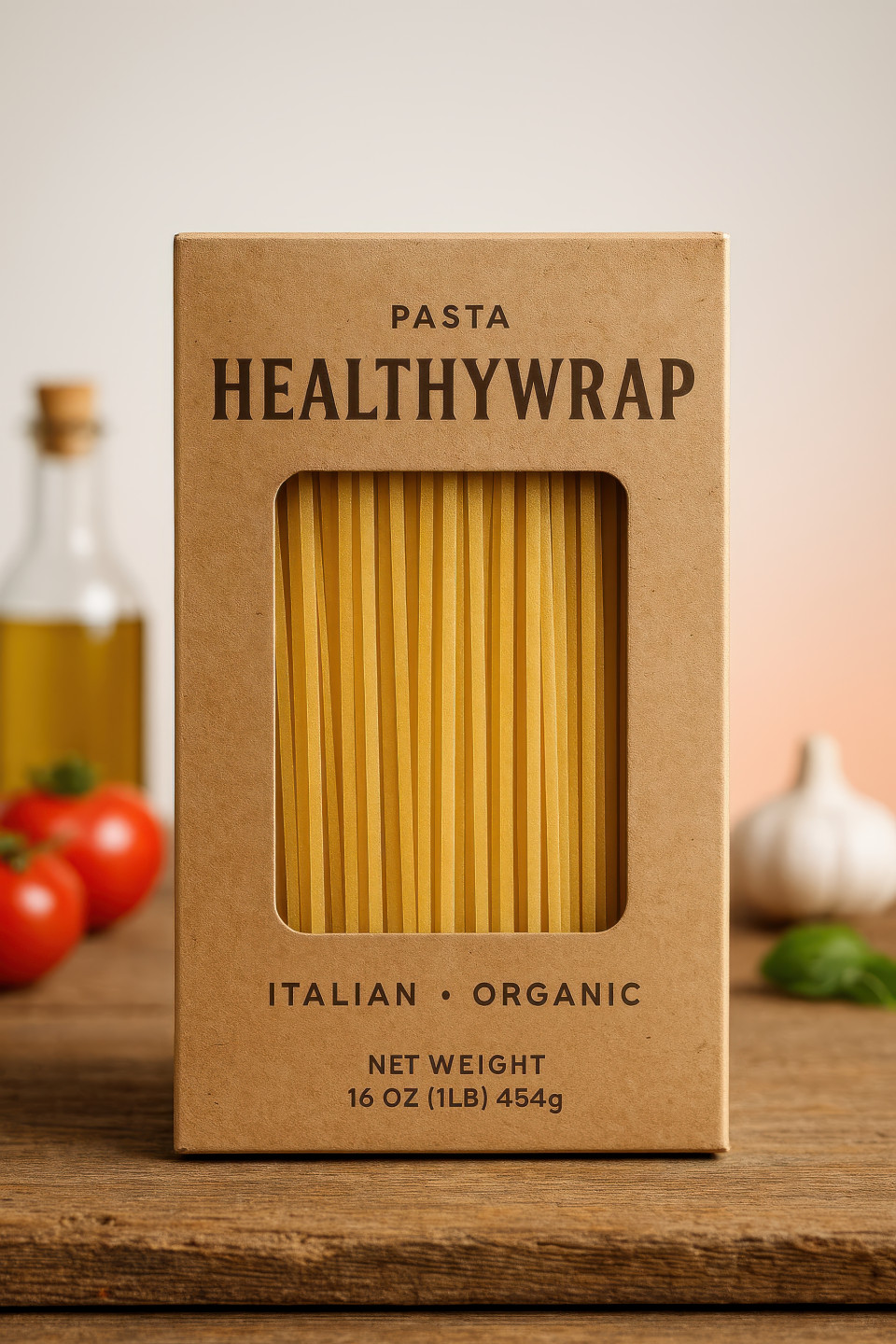Rectangular pasta box with window showing golden strands placed on rustic board with tomatoes garlic olive oil basil, italian organic food packaging chat gpt prompts